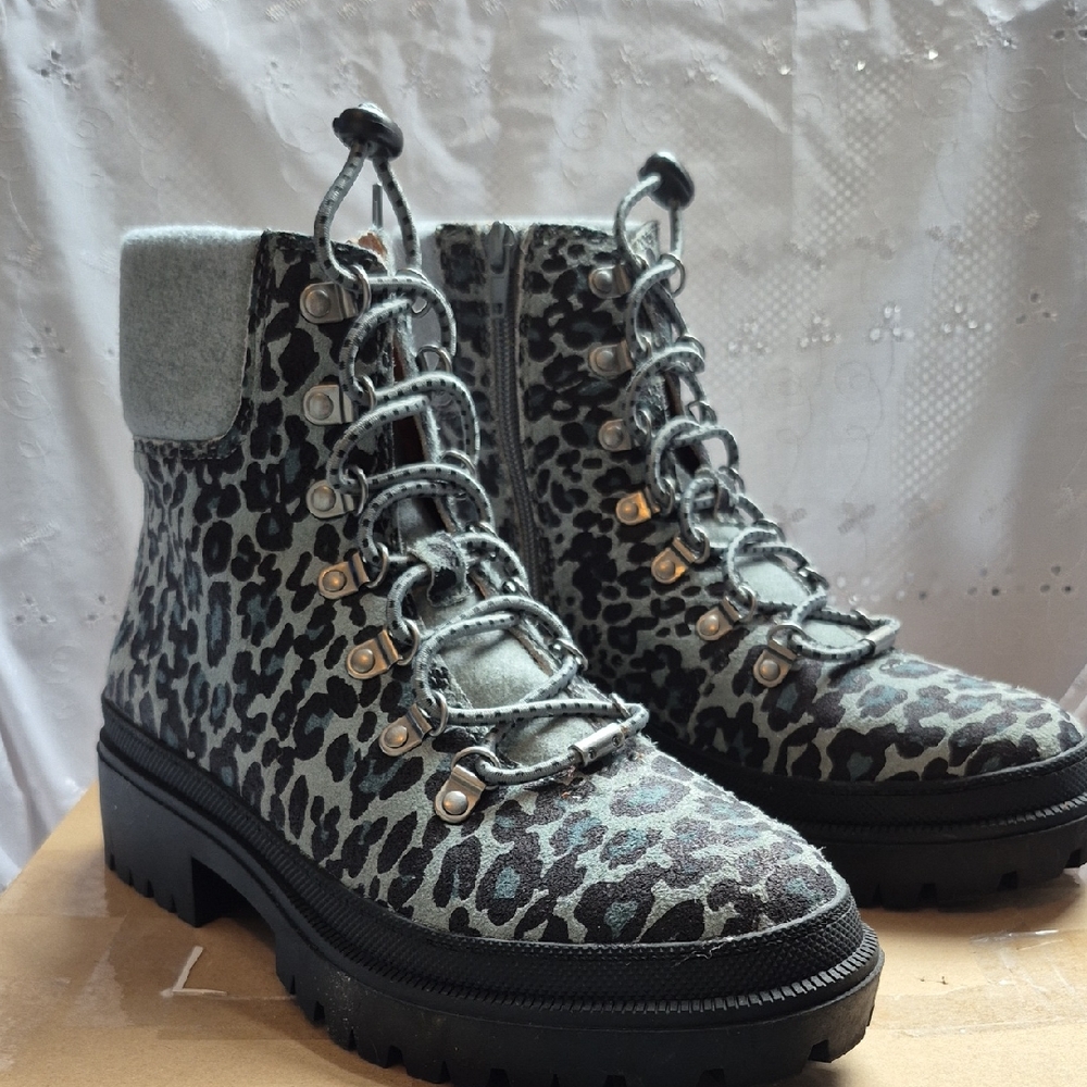 Lucky Brand Eavan Gray Leopard Suede Combat Boots